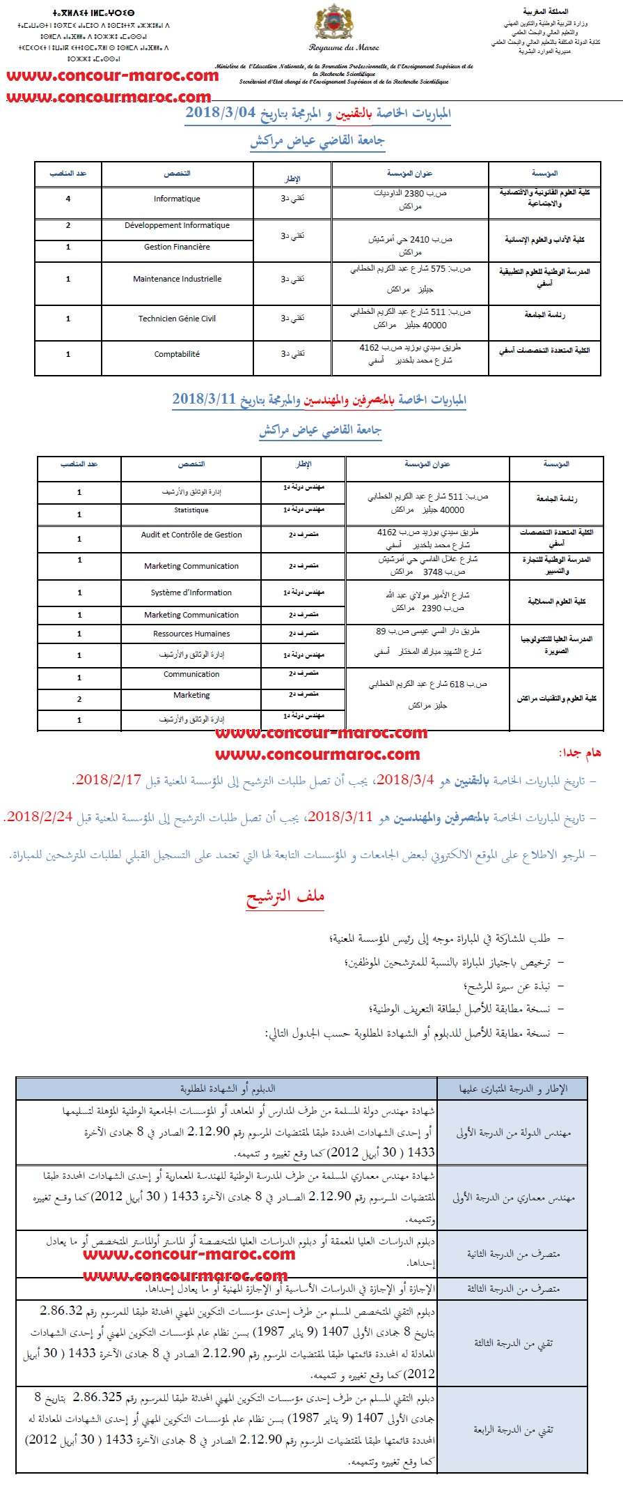 جامعة القاضي عياض مراكش : مباريات توظيف 22 منصب في مختلف الدرجات آخر أجل 17 و 24 فبراير 2018 Concou94
