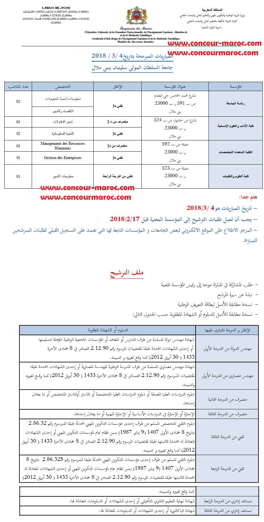 جامعة المولى سليمان و مؤسساتها : مباريات توظيف 08 مناصب في مختلف الدرجات آخر أجل 17 فبراير 2018 Concou95