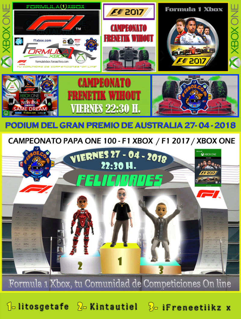 F1 2017 - XBOX ONE / CAMPEONATO FRENETIK WIHOUT - F1 XBOX / RESULTADOS Y PODIUM DEL G. P. DE AUSTRALIA DEL VIERNES 27-04-2018.  Podium31