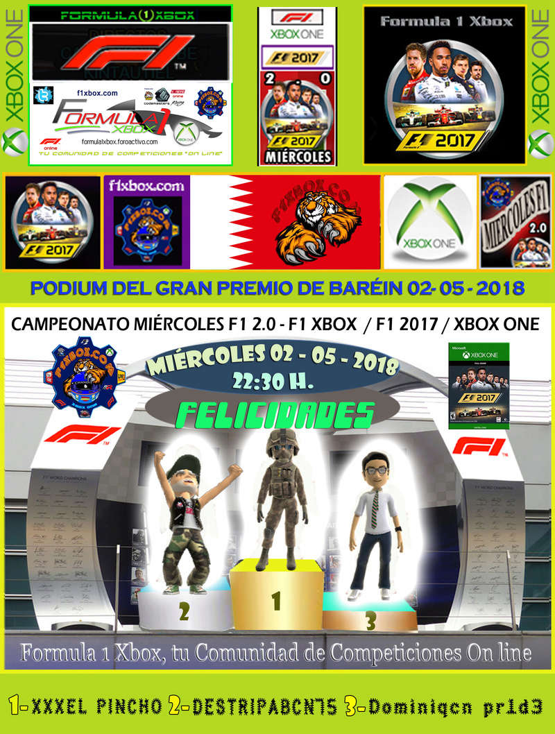 F1 2017 - XBOX ONE / CPTO. MIERCOLES F1 2.0 - F1 XBOX / RESULTADOS Y PODIUM / G.P. DE BARÉIN 02 - 05 - 2018. Podium34
