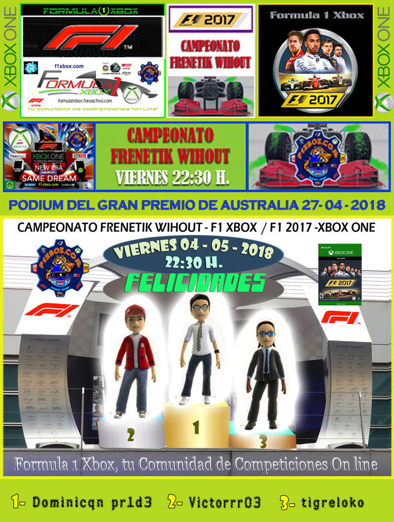 F1 2017 - XBOX ONE / CAMPEONATO FRENETIK WIHOUT - F1 XBOX / RESULTADOS Y PODIUM DEL G. P. DE MALASIA DEL VIERNES 04-05-2018. Podium35