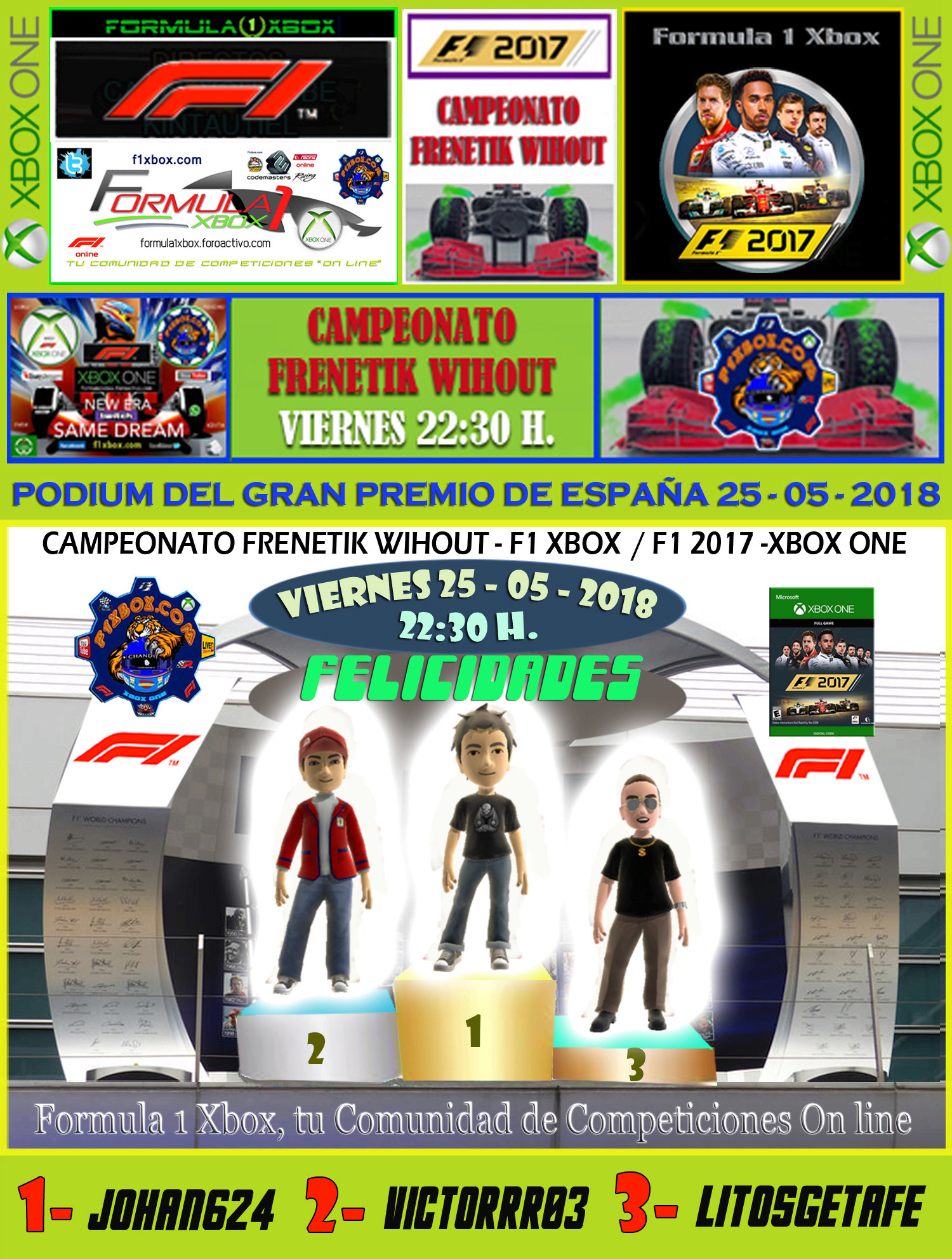 F1 2017 - XBOX ONE / CAMPEONATO FRENETIK WIHOUT - F1 XBOX / RESULTADOS Y PODIUM DEL G. P. DE ESPAÑA DEL VIERNES 25 - 05 - 2018. Podium51