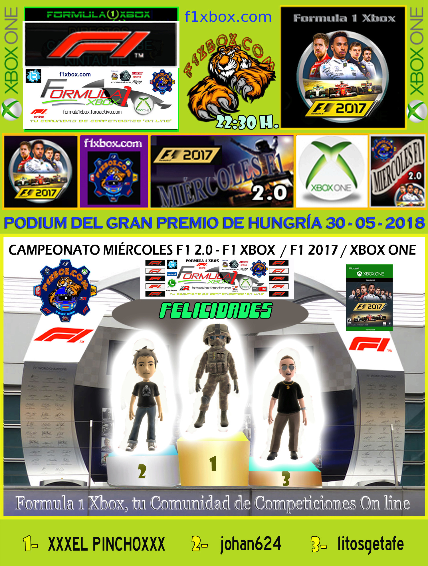 F1 2017 - XBOX ONE / CPTO. MIERCOLES F1 2.0 - F1 XBOX / RESULTADOS Y PODIUM / G.P. DE HUNGRÍA 30 - 05 - 2018. Podium56