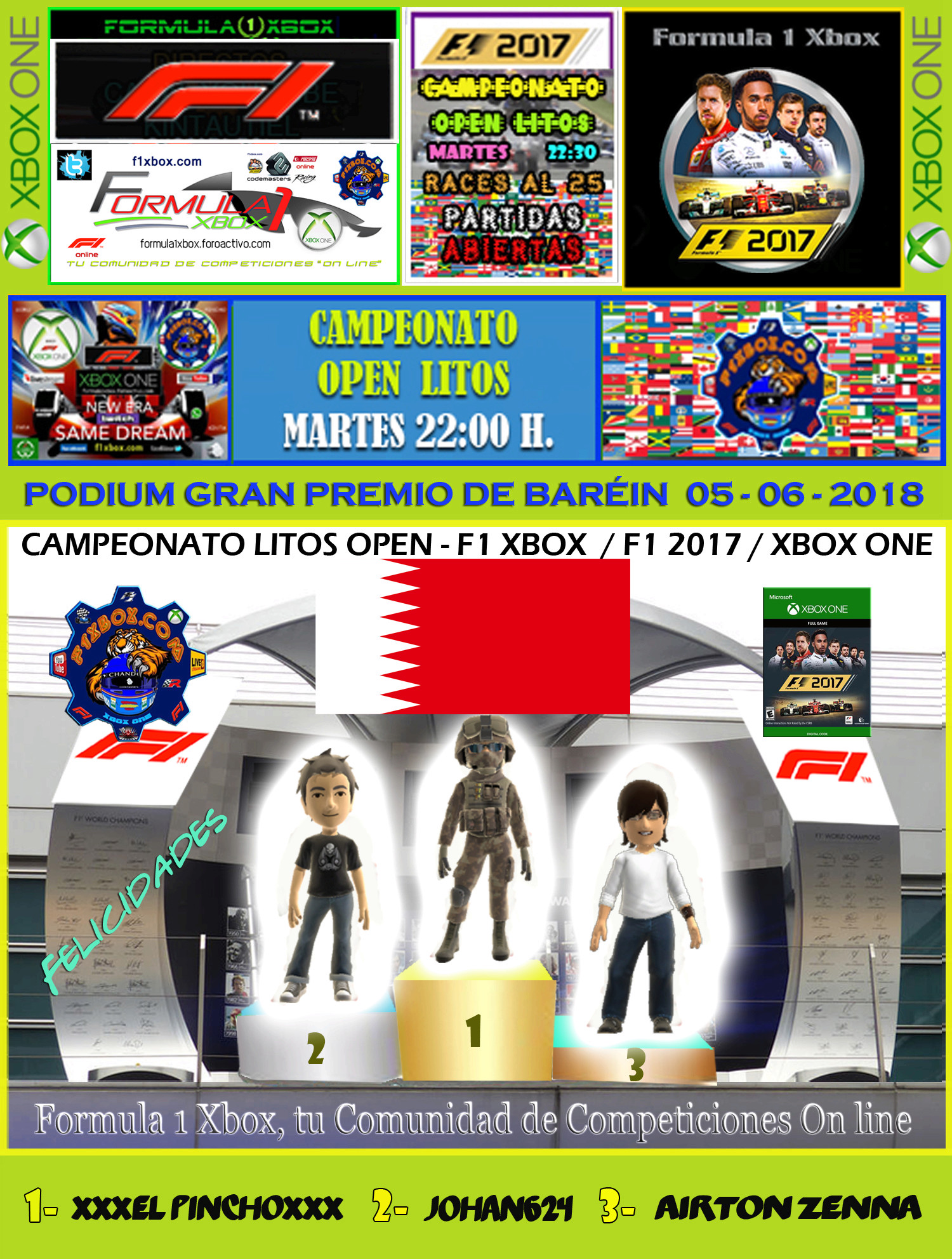 F1 2017 - XBOX ONE / CAMPEONATO OPEN LITOS - F1 XBOX / RESULTADOS Y PODIUM / G.P. DE BAREIN + GP DE MÉXICO / MARTES 05 - 06 - 2018. Podium61