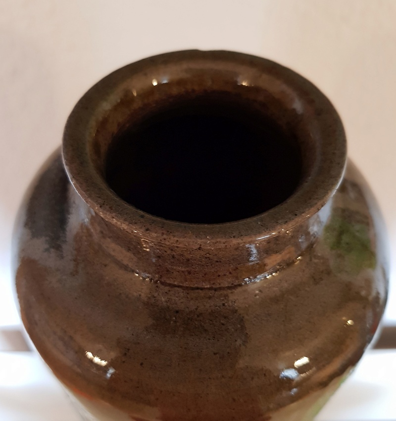 Grand vase tube en grès émaillé marron inscription et initiales à identifier 20171235