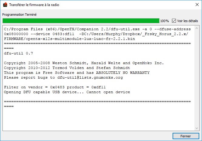 horus otx 2.2.1 problème de mise a jour Dfu10