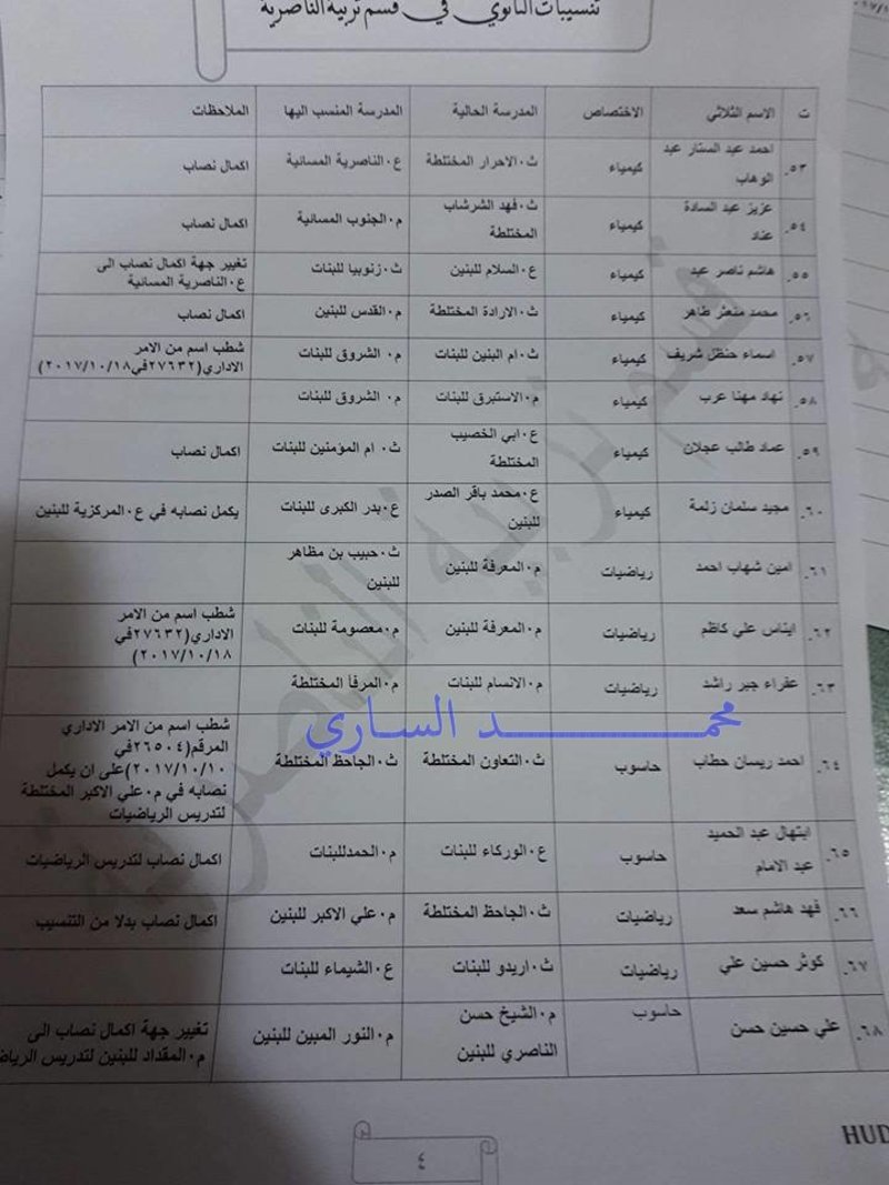 اعلان تربية الناصرية الاوامر الادارية تنسيبات الثانوي الثلاثاء 24-10-2017 610