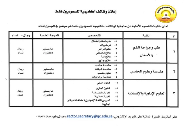 كليات القصيم الأهلية: فرص وظيفية اكاديمية Uai-da11