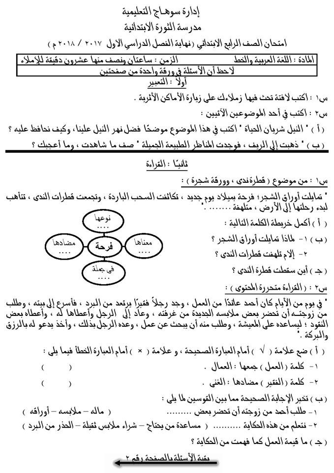  امتحان اللغة العربية للرابع الابتدائي نصف العام 2018 ادارة سوهاج التعليمية 0154
