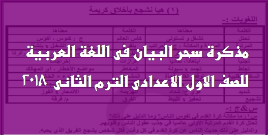 مذكرة سحر البيان في اللغة العربية للصف الاول الاعدادي الترم الثاني 2018