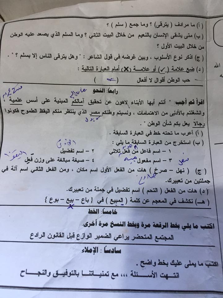 امتحان اللغة العربية للصف الثالث الاعدادي الترم الثانى 2018 محافظة المنوفية 10133
