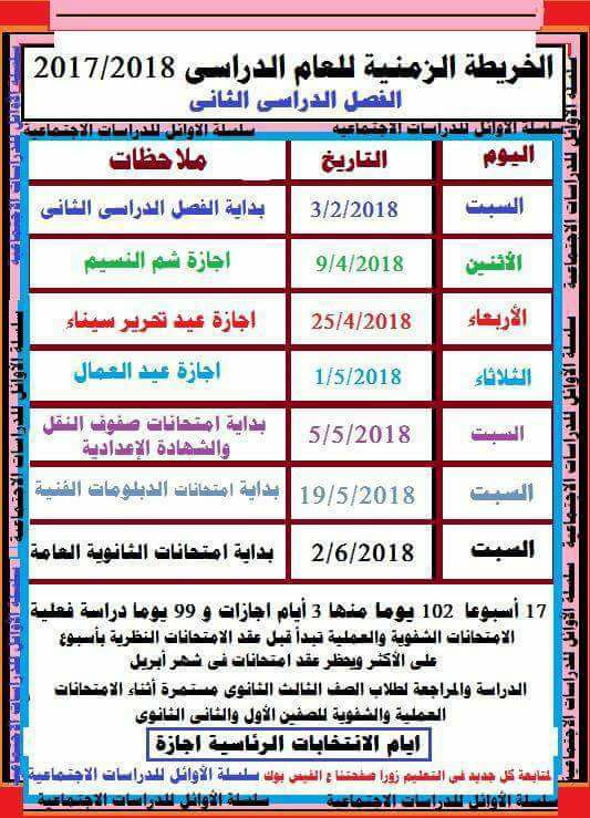 خريطة الترم الثاني 2018 شاملة الاجازات الرسمية و مواعيد الامتحانات 11014