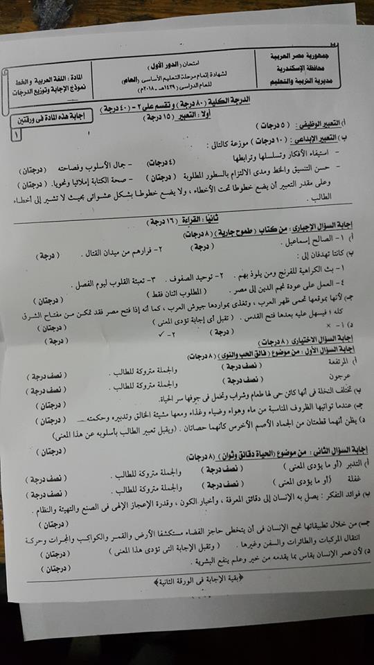 نموذج الإجابة الرسمي لامتحان اللغة العربية للصف الثالث الاعدادى الترم الثاني 2018 محافظة الاسكندرية 11037