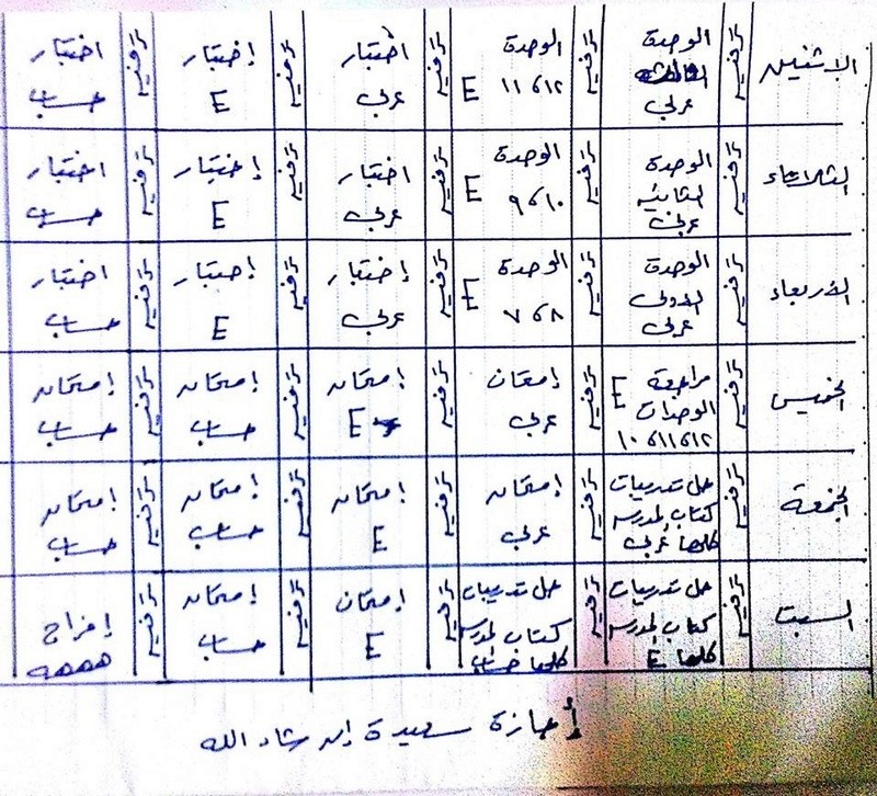 جدول مذاكرة اخر اسبوع قبل الامتحان - للثالث الابتدائي 111110