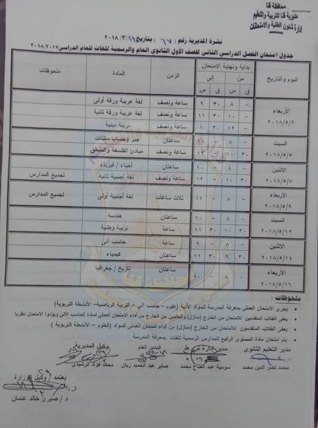  جداول امتحانات محافظة قنا الترم الثاني 2018 1677