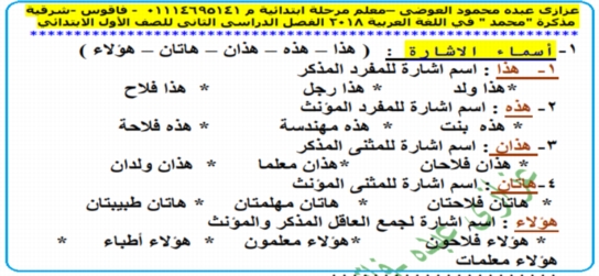 مذكرة لغة عربية 2018م الترم الثانى للصف الاول الابتدائى قمة الروعة من مستر -عزازى عبده  21124