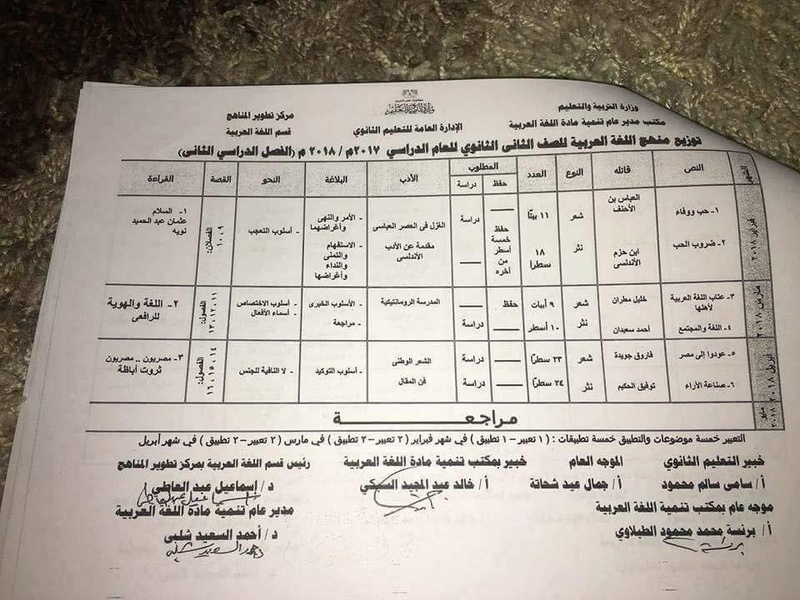 توزيع منهج اللغة العربية للثاني الثانوي الترم الثاني 2018