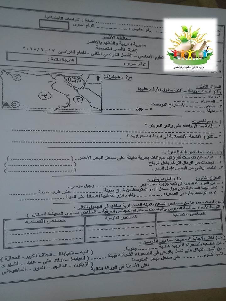 امتحان الدراسات للصف السادس الابتدائي الترم الثاني 2018 محافظة الأقصر 3587
