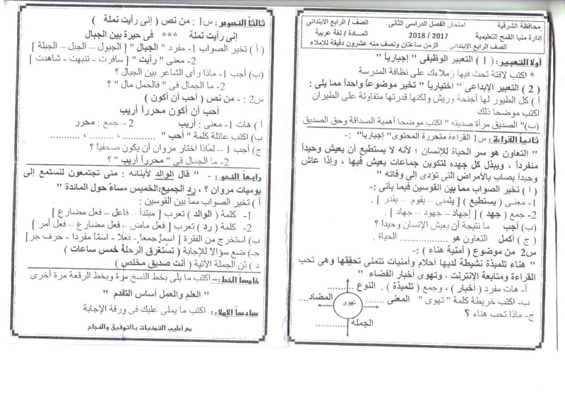 امتحان اللغة العربية للصف الرابع الابتدائى الترم الثانى 2018 إدارة منيا القمح التعليمية 3626