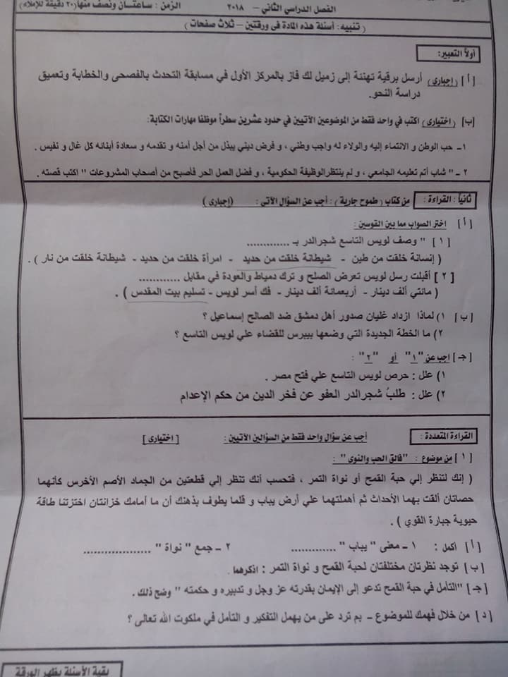 امتحان اللغة العربية للصف الثالث الاعدادي الترم الثانى 2018 محافظة دمياط 3692