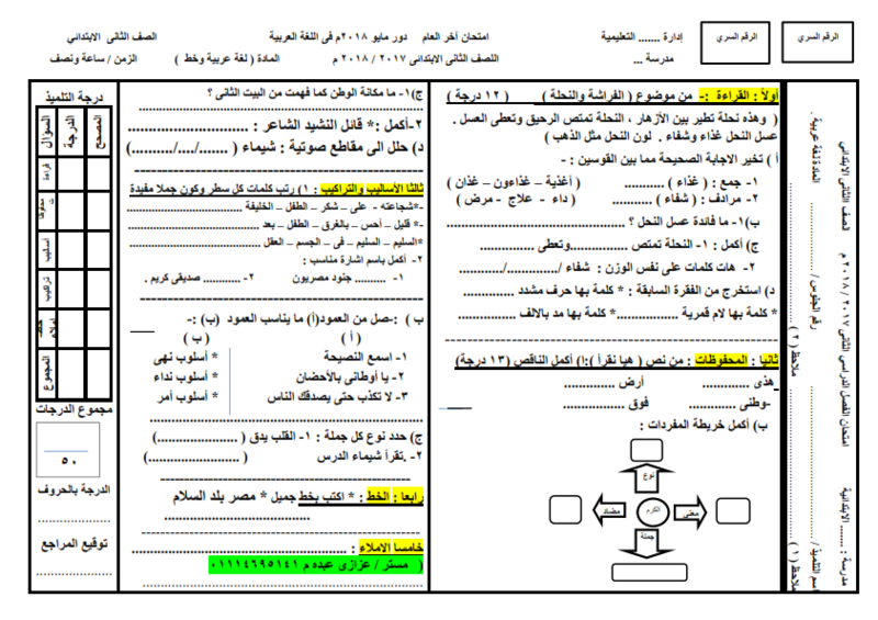 امتحان لغة عربية للصف الثانى الابتدائى الترم الثاني 2018 بنموذج الاجابة وتوزيع الدرجات  87_00110