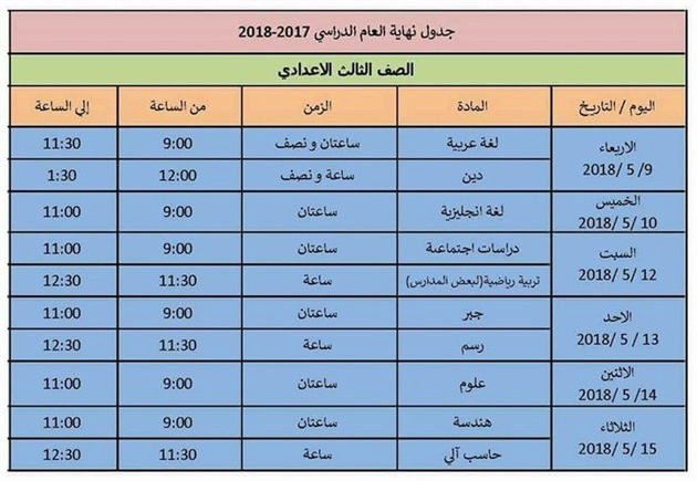 جداول امتحانات محافظة الإسكندرية الترم الثاني 2018 993