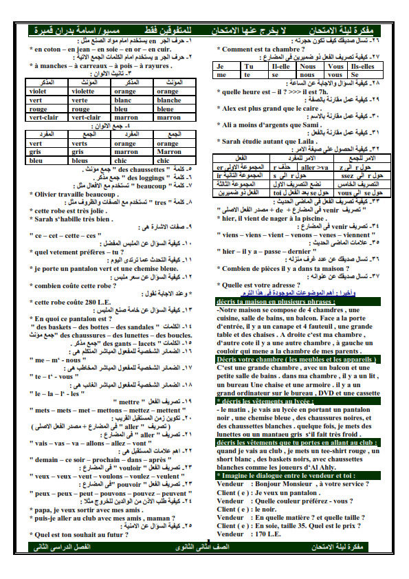 مراجعة ليلة امتحان الفرنساوي ثانية ثانوى ترم ثان 2018