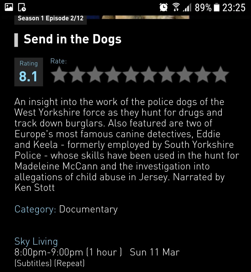 "Send in the dogs" on Sky Living, Sun 11/3 Screen51