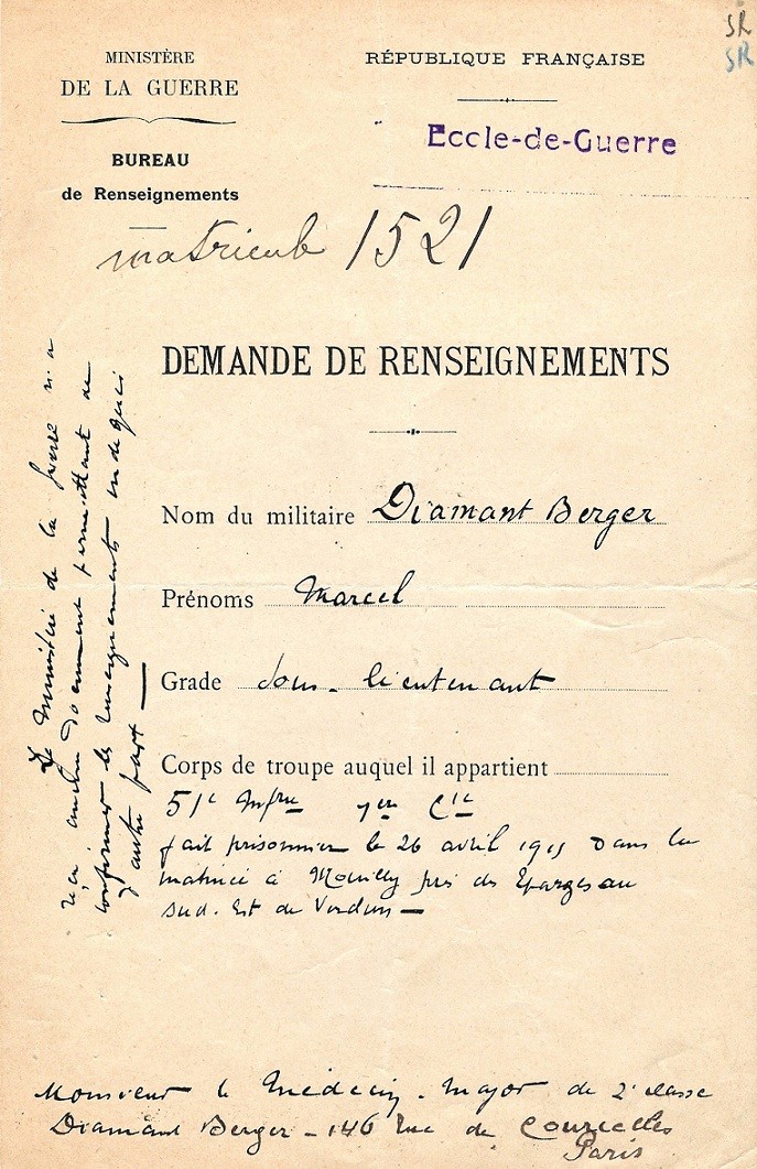Billet de signalement pour le soldat Julien LENOIR prisonnier en 1915 Numyr135