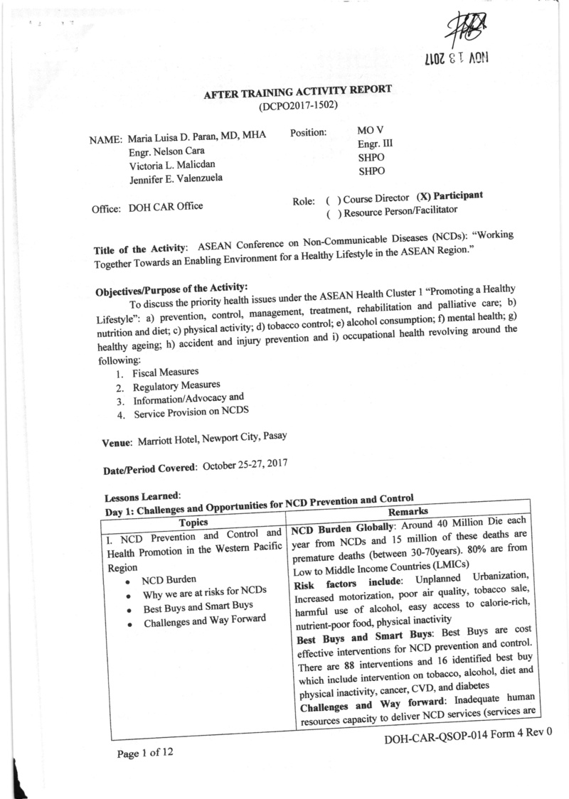 DCOPO 2017-1502: Authority for some DOH-CAR Staff to attend the live-in ASEAN Conference on Non-Communicable Diseases (NCDs) Working Together towards an Enabling Environment for a Healthy Lifestyle in ASEAN Region" on October 25-27, 2017 at Manila Marriot 150210