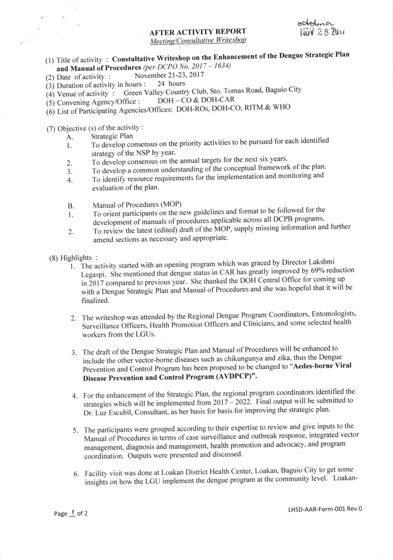DCOPO 2017-1634: Authority for for some DOH-CAR personnel to attend the live-in Consultative Writeshop for the Enhancement of Dengue Strategic Plan 2017-2020 and Manual of procedures (MOP) on November 21-23, 2017 in Baguio City 163410