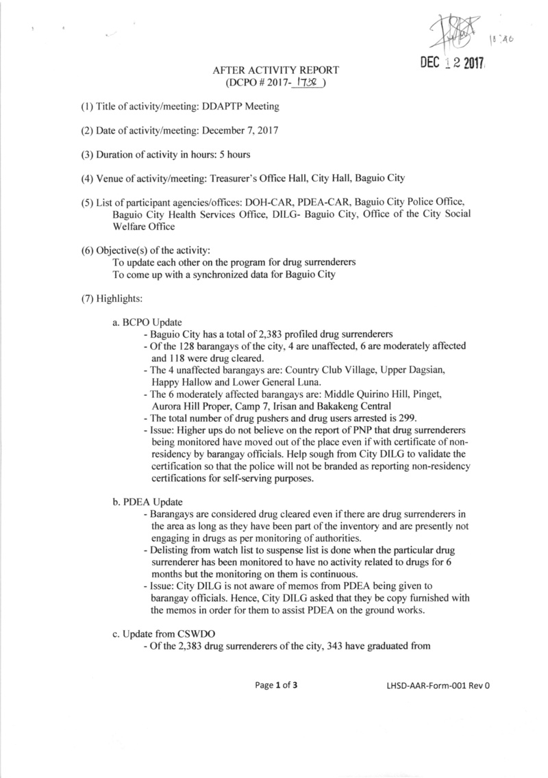 DCOPO 2017-1738: Authority for Dr. Shelly M. Aral to attend the meeting for the ongoing campaign on illegal drugs on December 7, 2017 at Treasurer's Office Hall, Baguio City 173810