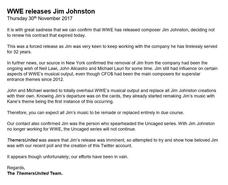 WWE Releases Jim Johnston. Old Theme Music to be replaced. 15120810