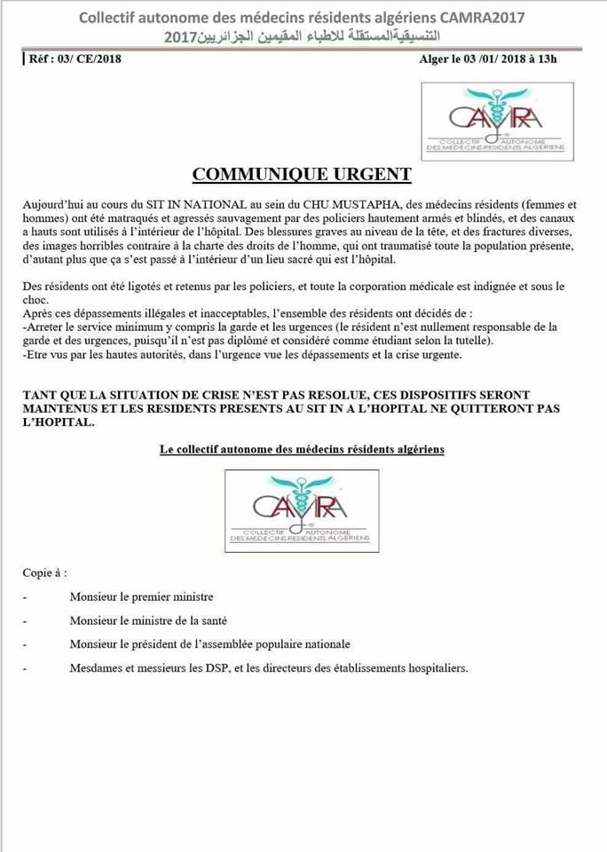 Des médecins résidents gravement réprimés à Alger 03 Janvier 2018 137