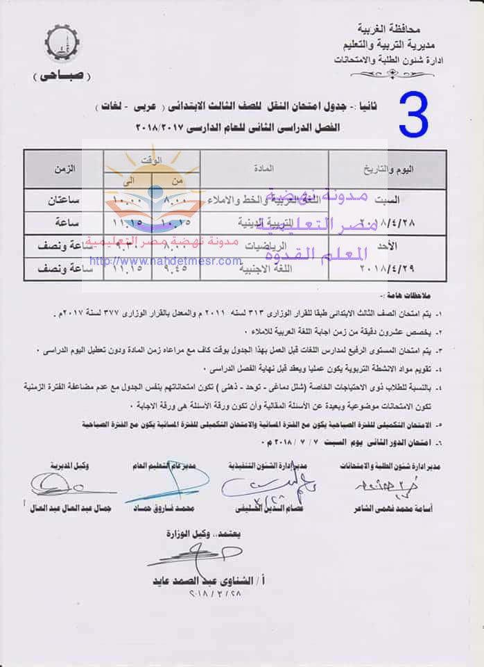 جدول امتحان محافظة الغربية للصف الثالث  الإبتدائى أخر العام2018 O_18