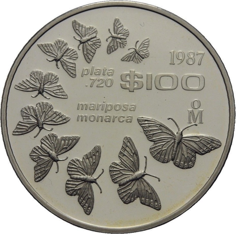 100 pesos de plata, conmemorativa Mariposa Monarca. México. 1987 32810