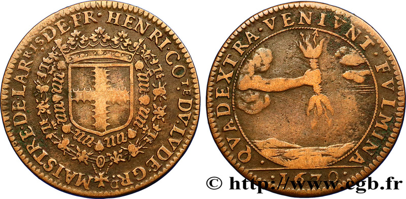 1670 jetón de cobre , blasón con dos collares y rayo Fjt_0610