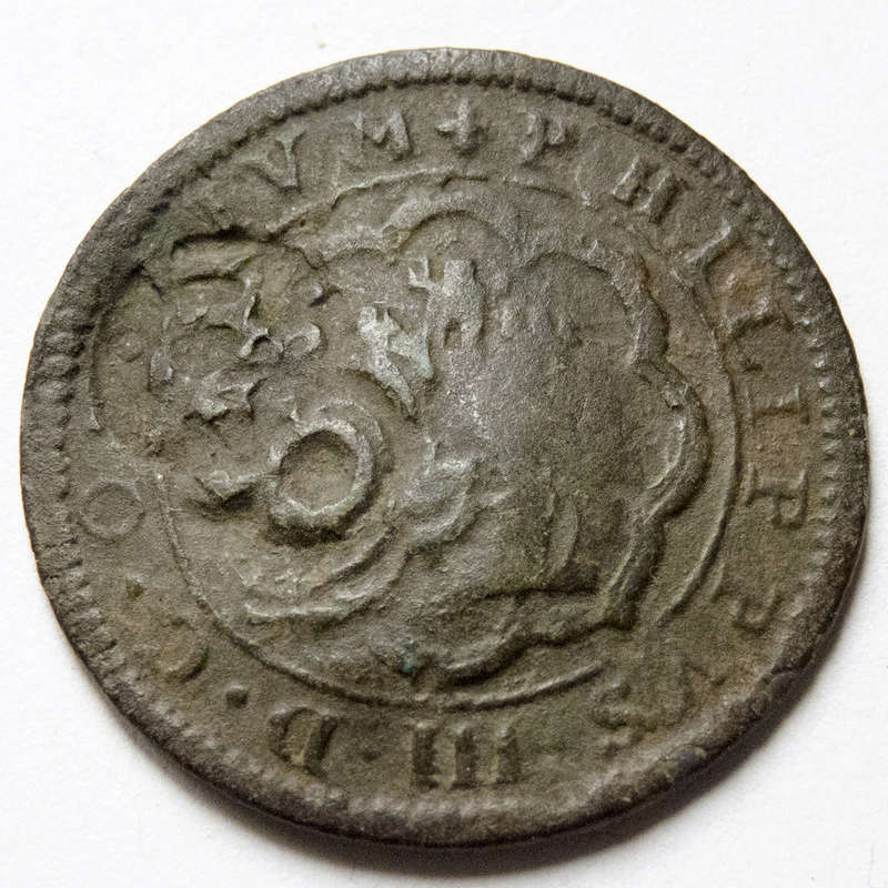 4 maravedis 1599 Segovia, Felipe III. Triple resello: VIII 1603, XII 1636, 8 1652 P1030612