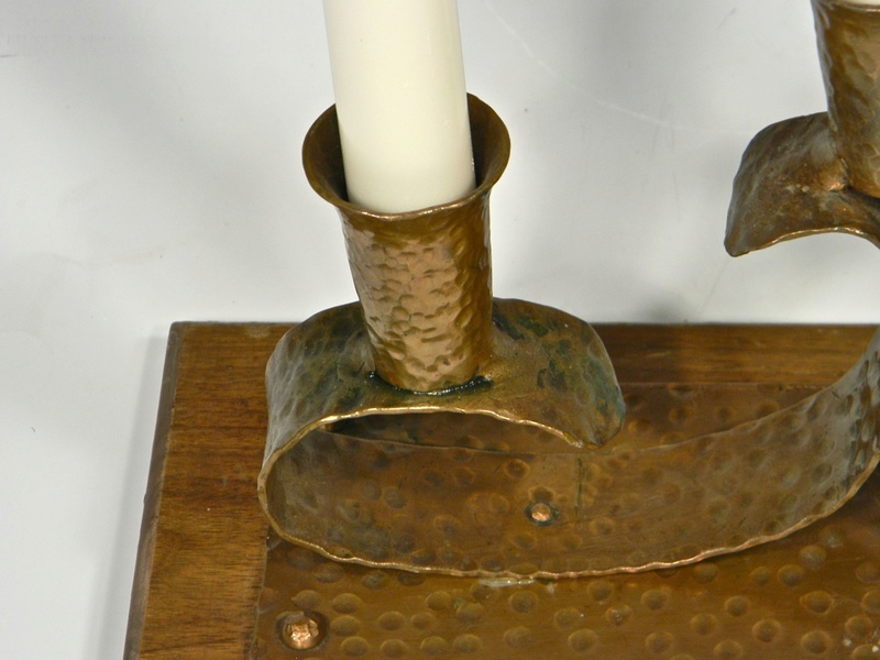 Pair of 3 Arm Hammered Copper Arts & Crafts? Candle Holders on Wood Base Arts_a13