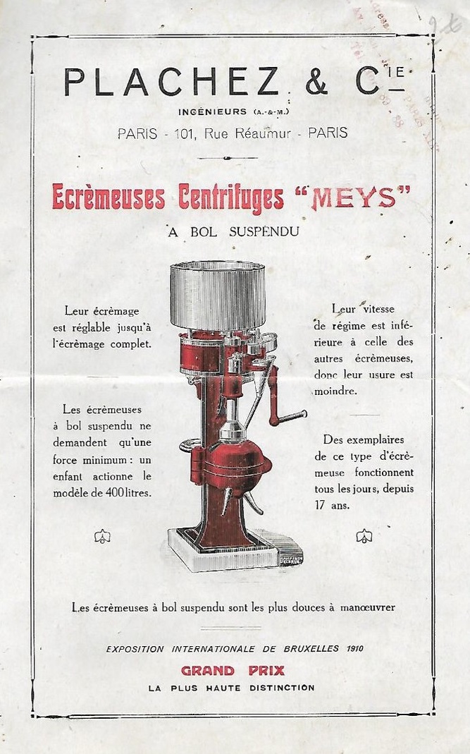Ecrèmeuse Centrifuge Meys. Plachez et Cie.  2476