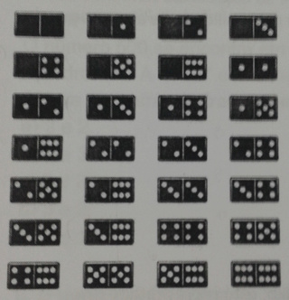 O jogo de dominó tem 28 peças diferentes. As peças são retangulares e cada  uma é dividida em dois 