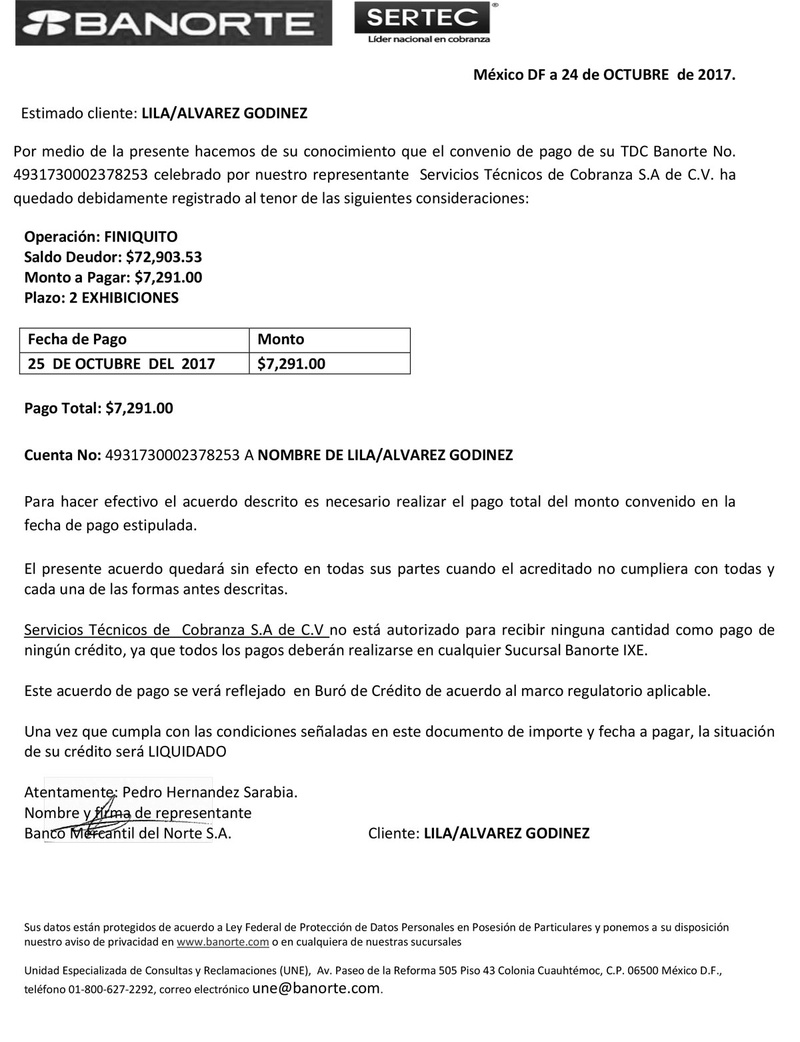 Carta Convenio enviada por Sertec, finiquito deuda con quita Banorte 24101710