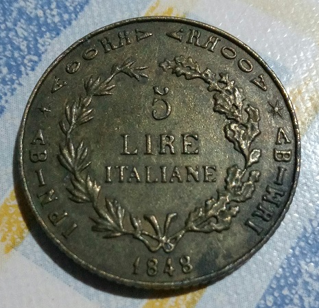 Pièce fausse italienne rare de 5 Liras 1848 1621