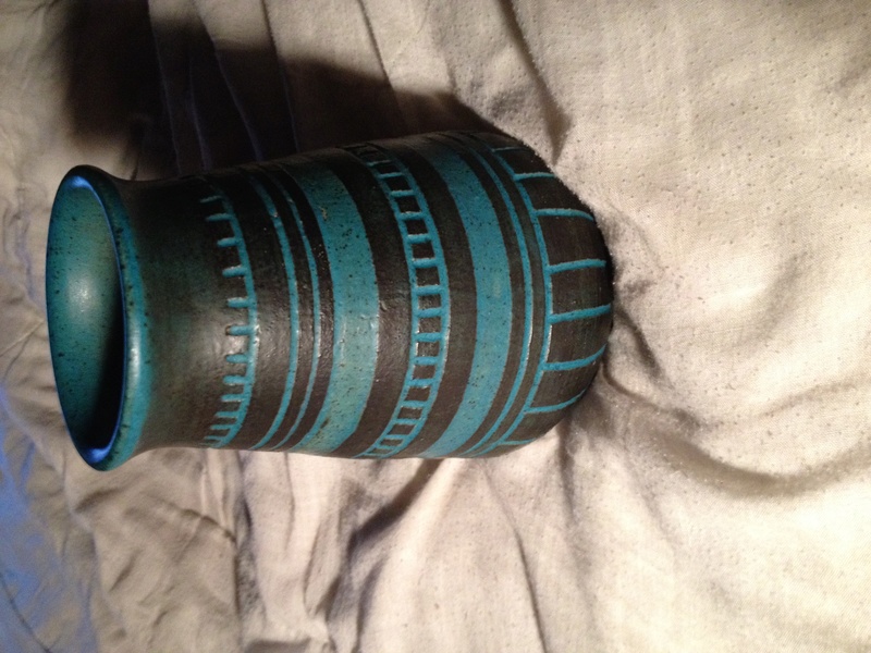 Turquoise/Teal and Black Incised Vase Marked "S.T." Img_2511