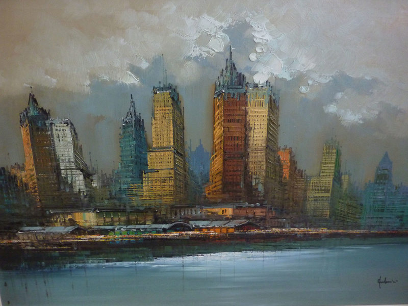 Hudson River Skyline oil painting unidentified signature 00213