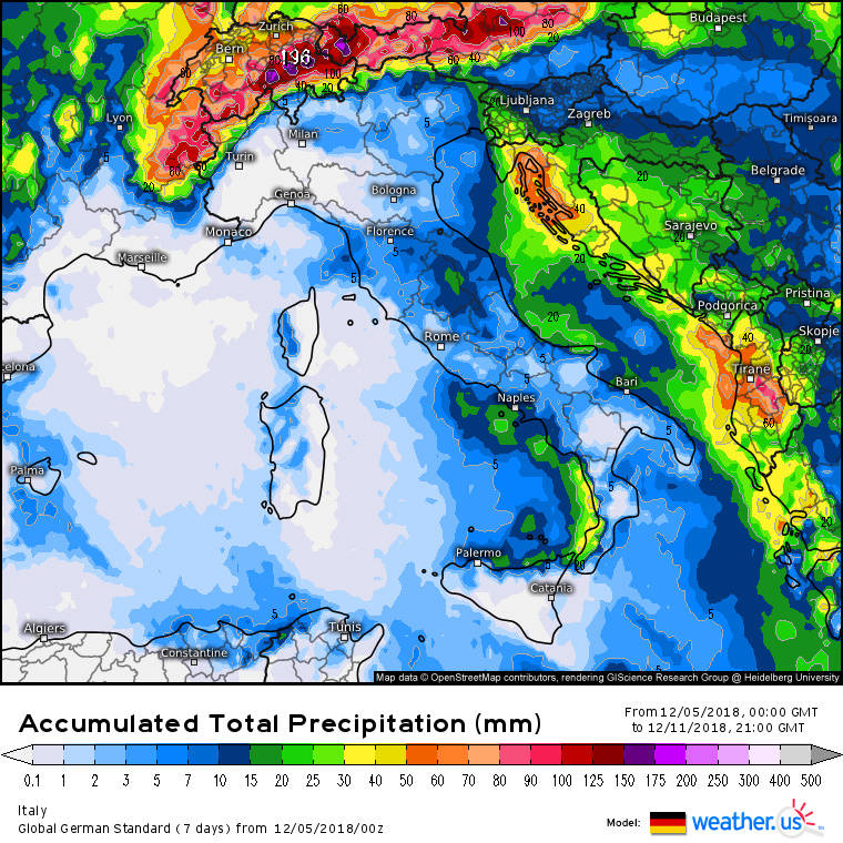 Pioggia e neve 5-11 Dicembre Italia 5-11di10