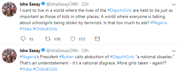 ''Abduction of female students in Dapchi is not a National disaster, it is a National disgrace'' CNN's Isha Sesay tells President Buhari 5a92e311