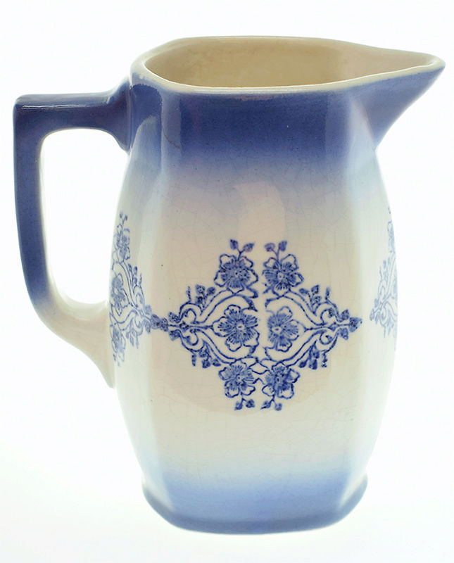 ID Blue White Pitcher with Decorative Pattern Rectang Salt Glaze? Art Deco? Pitche10