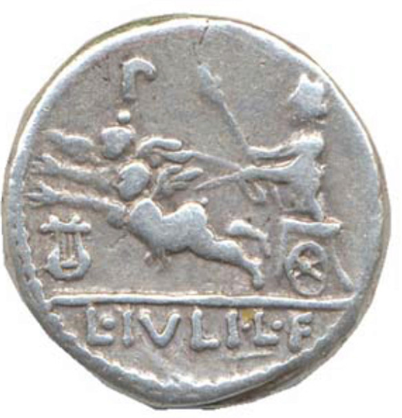 Denario de la gens Iulia. L. IVLI. L. F. Venus en un carro a izq., tirado por dos Cupidos. Roma.  Ec588110
