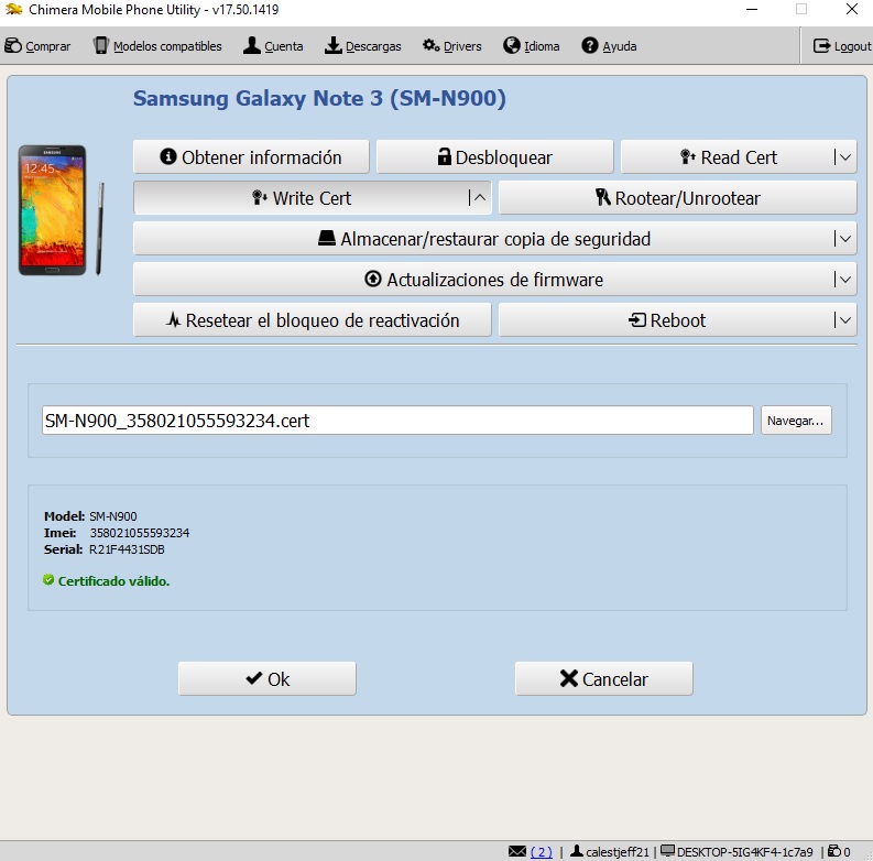  NOTE 3 N900 . NO ESCRIBE CERTIFICADO CHIMERA 210